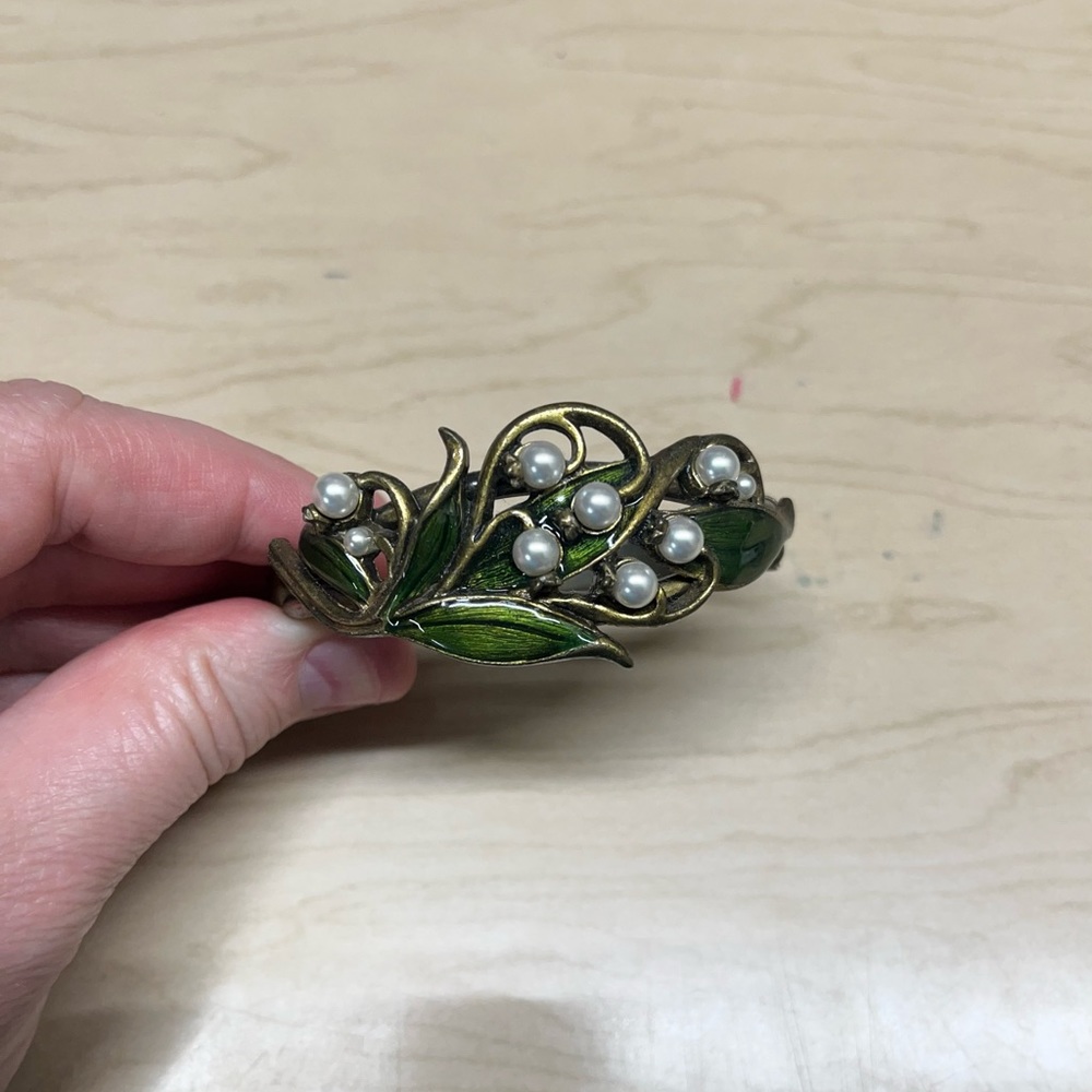 Lily of the Valley brass and enamel bracelet cuff